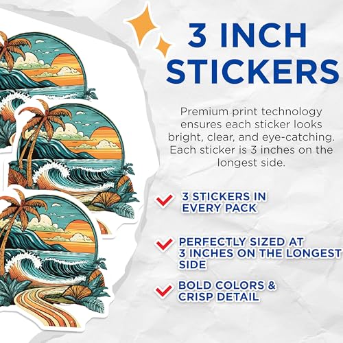 (3 Pack) Beach Vibes Decals - Tropical Scenery - Ocean View Stickers - 3 Inches On Longest Side - Easy Peel & Apply - Made in USA - 3MCS8014