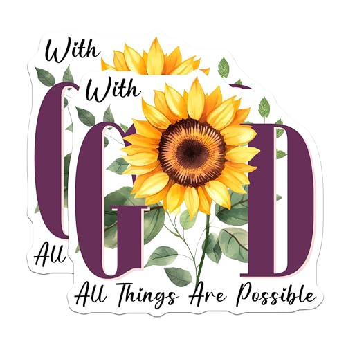 (2 Pack) with God All Things are Possible Stickers - Inspirational Sunflower Decal - 5" On Longest Side - Sticks to Smooth Flat Surfaces - Made in USA - BMCS8580 - BMCS8580
