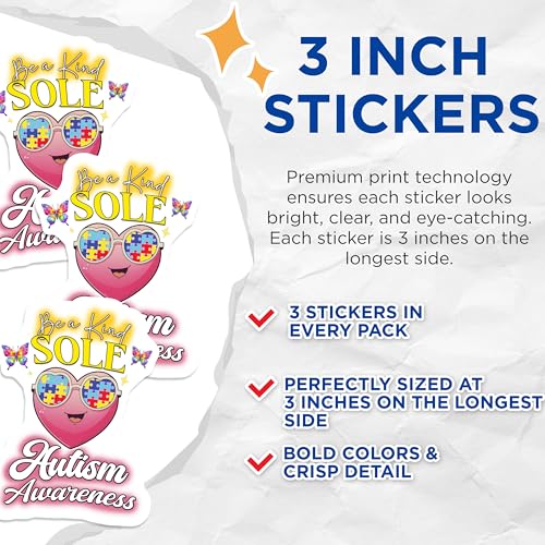 (3 Pack) Autism Awareness Decals - Heart Sunglasses Decal - Kind Sole Laptop Decals- 3 Inches On Longest Side - Easy Peel & Apply - Made in USA - 3MCS5384