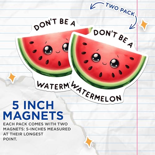 (2 Pack) Cute Watermelon Face Magnets Magnets - Fun Refrigerator Decorations - Adorable Kitchen Accessories - 5" On Longest Side - Made in USA - Sticks to Refrigerators & Metal Surfaces - MAG8676