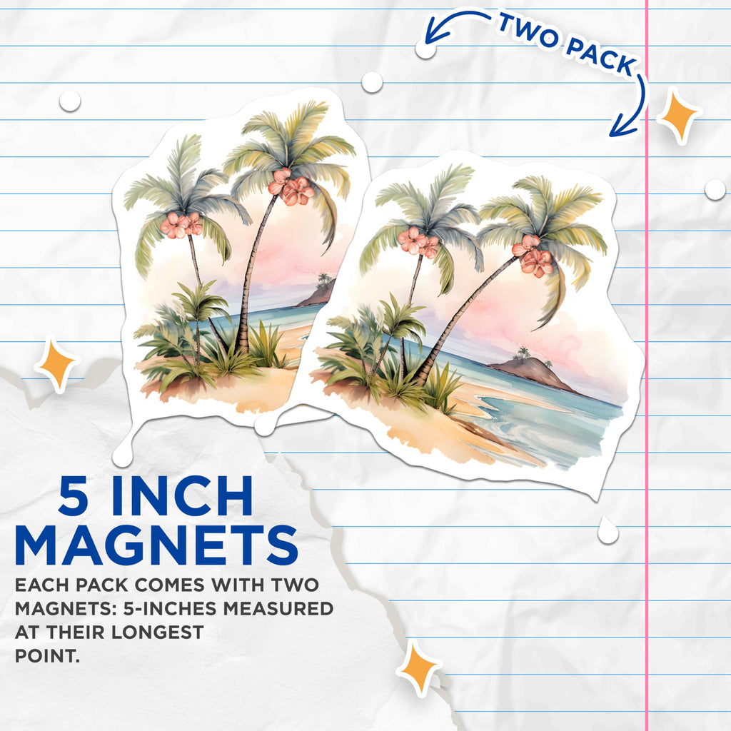 (2 Pack) Tropical Beach Scene Magnets - Watercolor Palm Tree Art - Ocean Island Landscape Decor - 5 Inches On Longest Side - Thick Durable Magnet - Made in USA - MAG19587