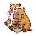 (2 Pack) Cute Capybara Eating Noodles Stickers - Adorable Animal - Funny Cartoon Sticker - 5" On Longest Side - Sticks to Smooth Flat Surfaces - Made in USA - BMCS9924