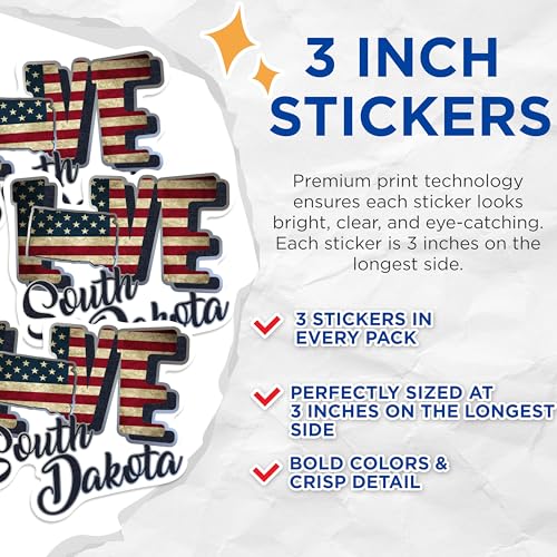 (3 Pack) South Dakota Love Decals - USA Flag - Patriotic State Pride - 3 Inches On Longest Side - Easy Peel & Apply - Made in USA - 3MCS0332