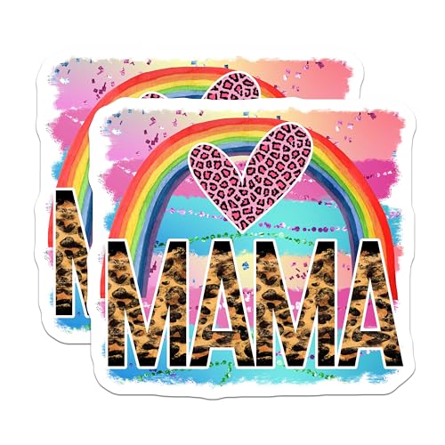 (2 Pack) Mama Leopard Print Stickers - Colorful Heart Stickers - Rainbow Stickers for Mom - 5" On Longest Side - Sticks to Smooth Flat Surfaces - Made in USA - BMCS5640