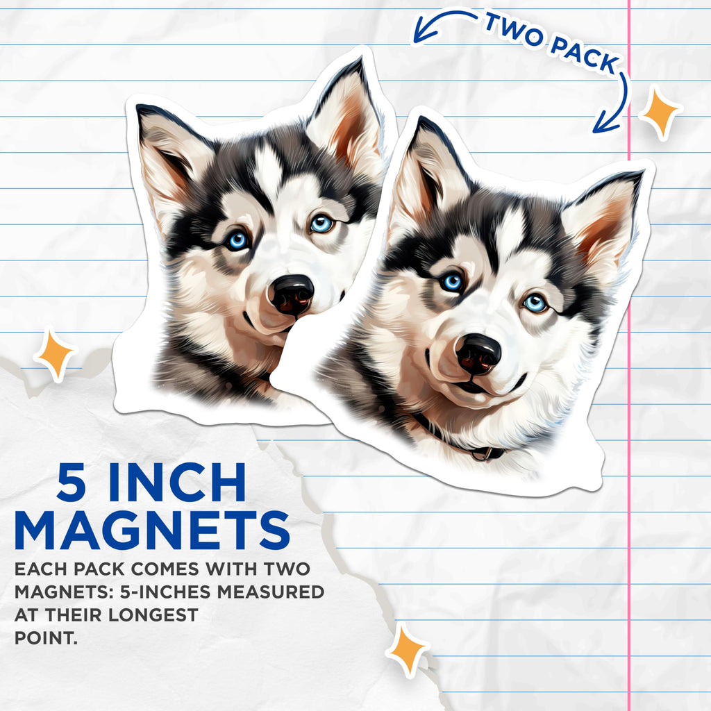 (2 Pack) Siberian Husky Dog Magnets - Blue Eyed Canine Art - Pet Lover Fridge Decor - 5 Inches On Longest Side - Thick Durable Magnet - Made in USA - MAG25030