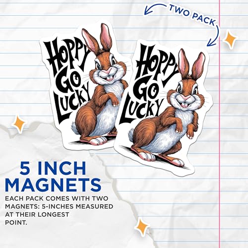 (2 Pack) Hoppy Go Lucky Magnets - Cute Rabbit Magnets - Positive Quote Magnets - 5" On Longest Side - for Cars, Fridges, Toolboxes - Made in USA - MAG4267