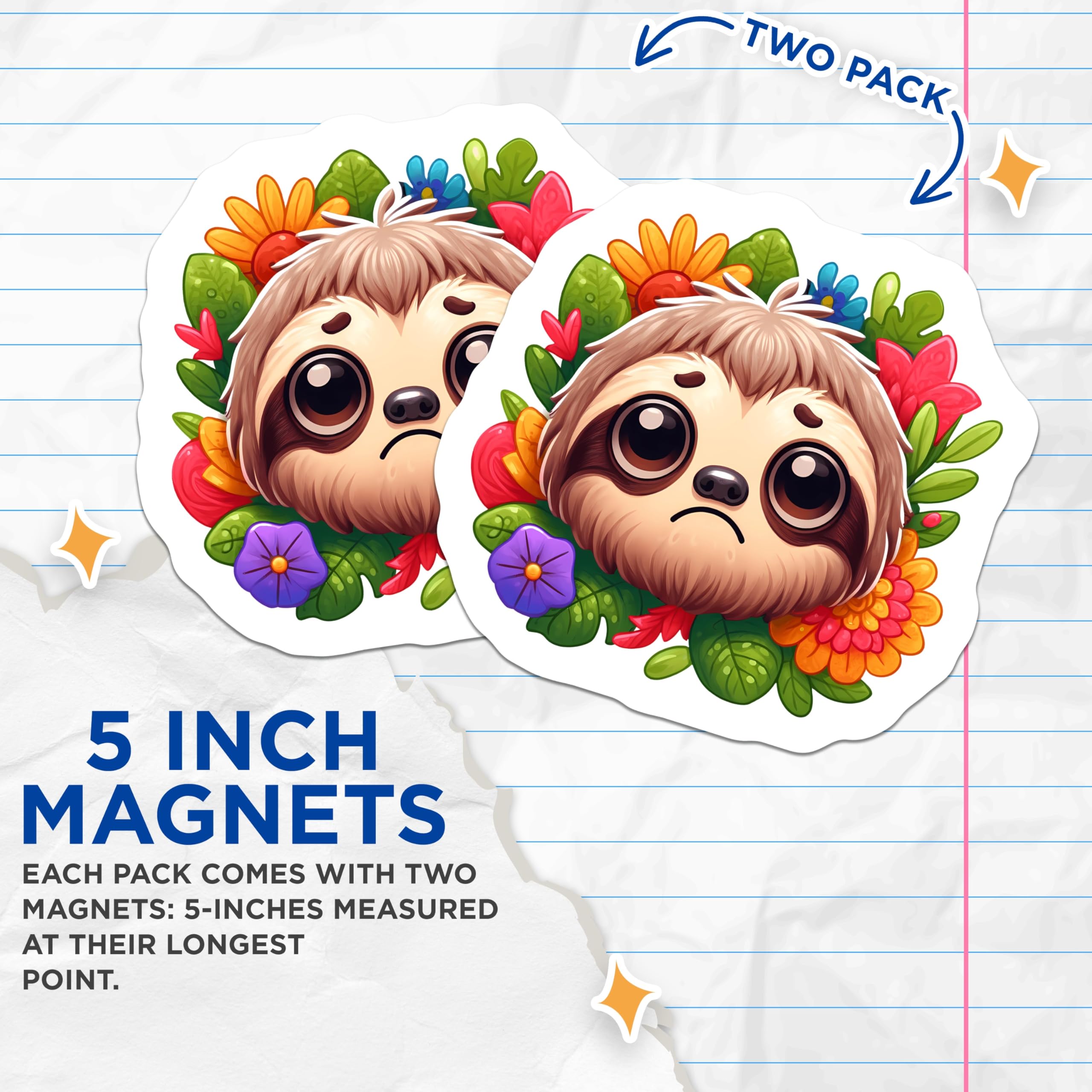 (2 Pack) Cute Sad Sloth Magnets - Floral Wreath Decor - Whimsical Animal Art - 5 Inches On Longest Side - Thick Durable Magnet - Made in USA - MAG21291