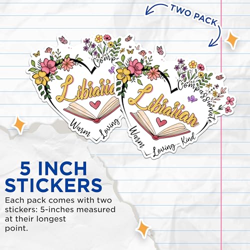 (2 Pack) Librarian Stickers - Book Lover Stickers - Flower Design Stickers - 5" On Longest Side - Sticks to Any Smooth Flat Surface - Made in USA - BMCS2991