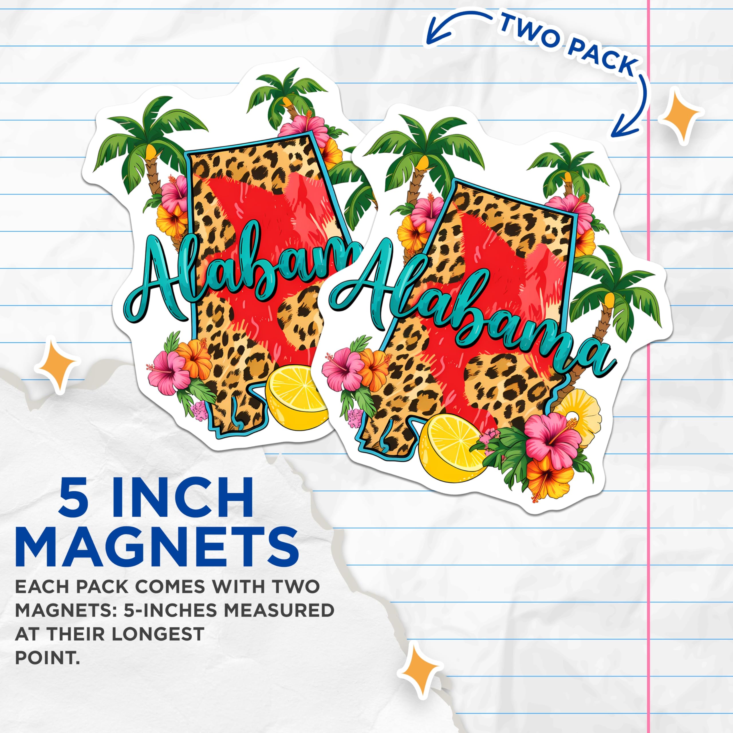 (2 Pack) Alabama Leopard Magnets - Tropical Flowers - Palm Tree Refrigerator Decor - 5" On Longest Side - Premium Magnet - for Cars, Refrigerators, Toolboxes, Lockers - Made in USA - MAG17278