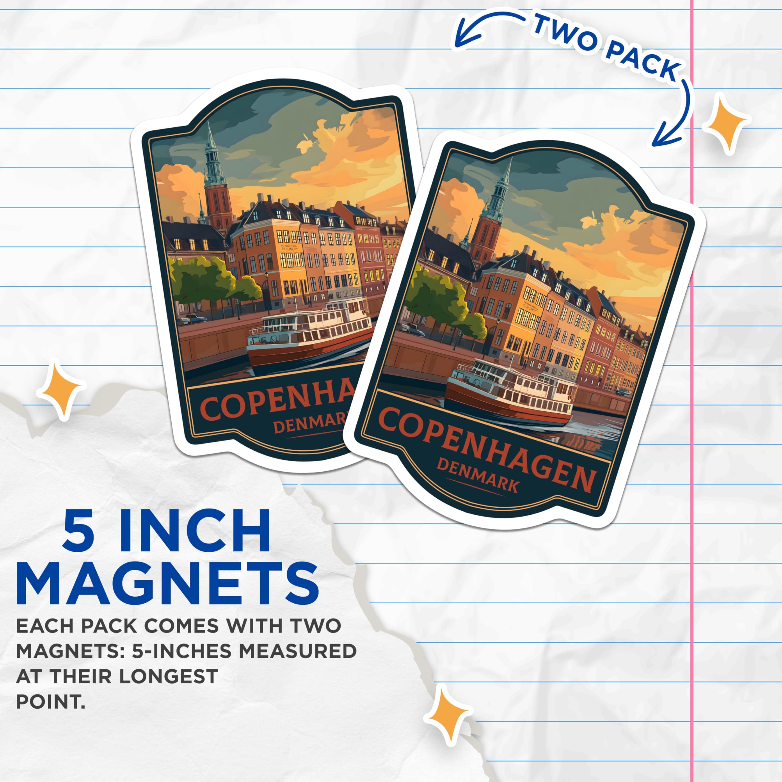 (2 Pack) Copenhagen Denmark Magnets - Scenic Canal Cityscape - Vintage Travel Souvenir Art - 5 Inches On Longest Side - Thick Durable Magnet - Made in USA - MAG22823