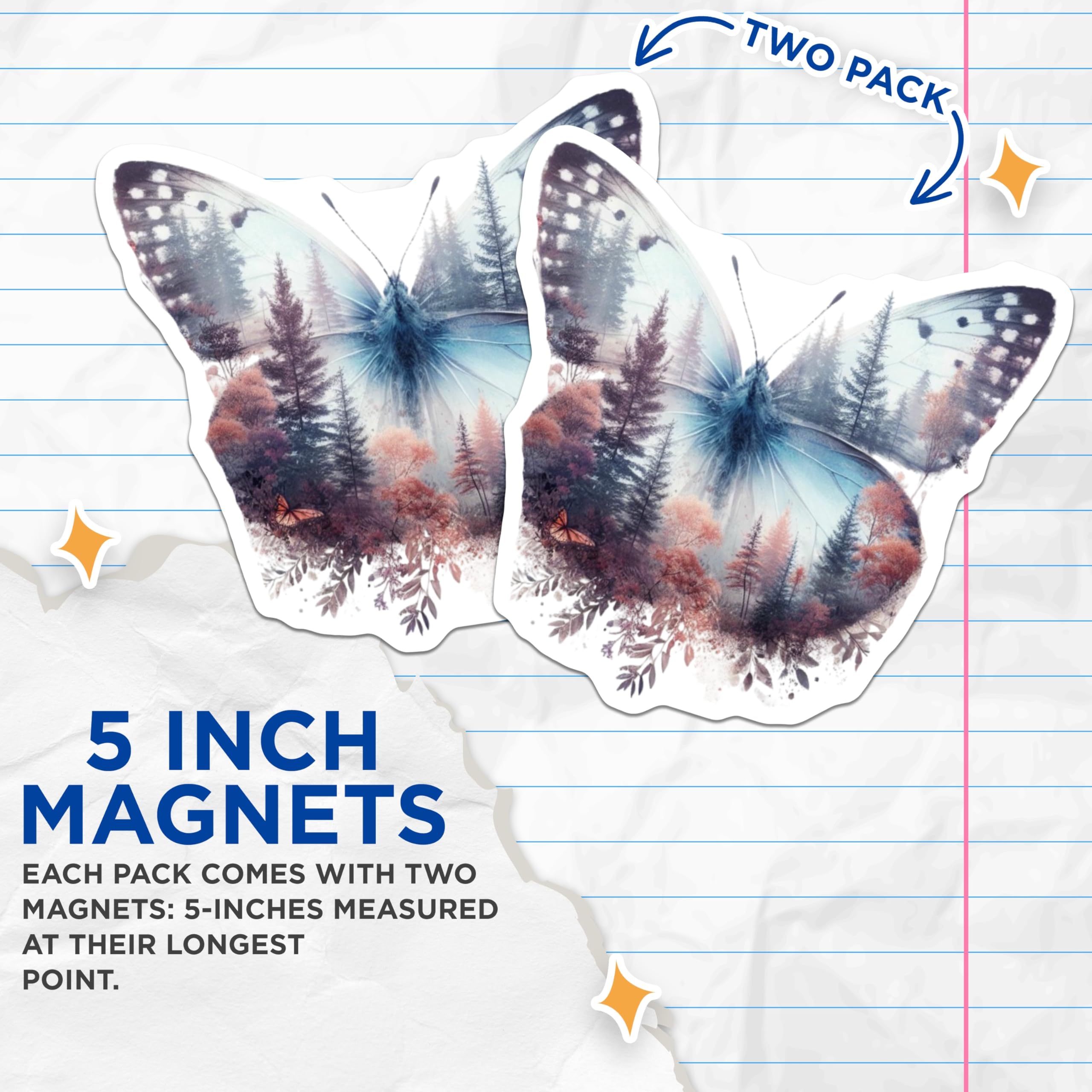 (2 Pack) Butterfly Magnets - Forest Wings Decor - Nature Lover Fridge Magnets - 5" On Longest Side - Premium Magnet - for Cars, Refrigerators, Toolboxes, Lockers - Made in USA - MAG14681