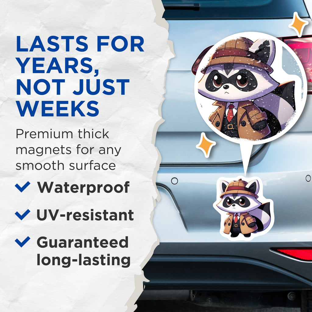 (2 Pack) Raccoon Detective Magnets - Kawaii Animal Mystery - Quirky Fridge Decor Accent - 5 Inches On Longest Side - Thick Durable Magnet - Made in USA - MAG38502