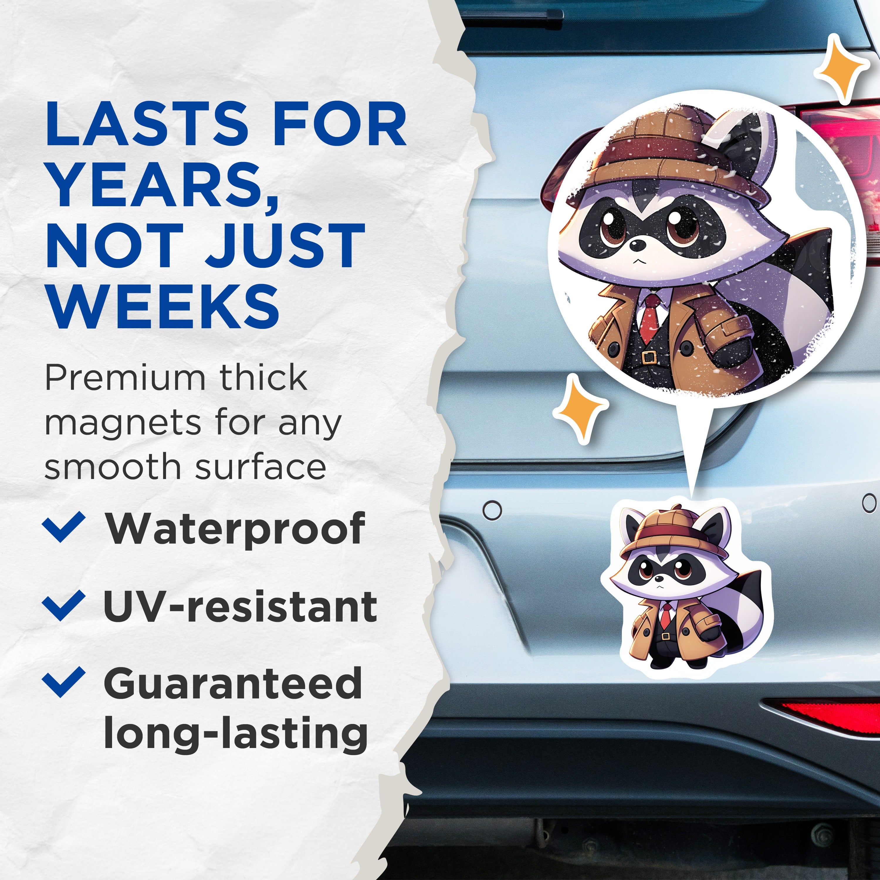 (2 Pack) Raccoon Detective Magnets - Kawaii Animal Mystery - Quirky Fridge Decor Accent - 5 Inches On Longest Side - Thick Durable Magnet - Made in USA - MAG38502