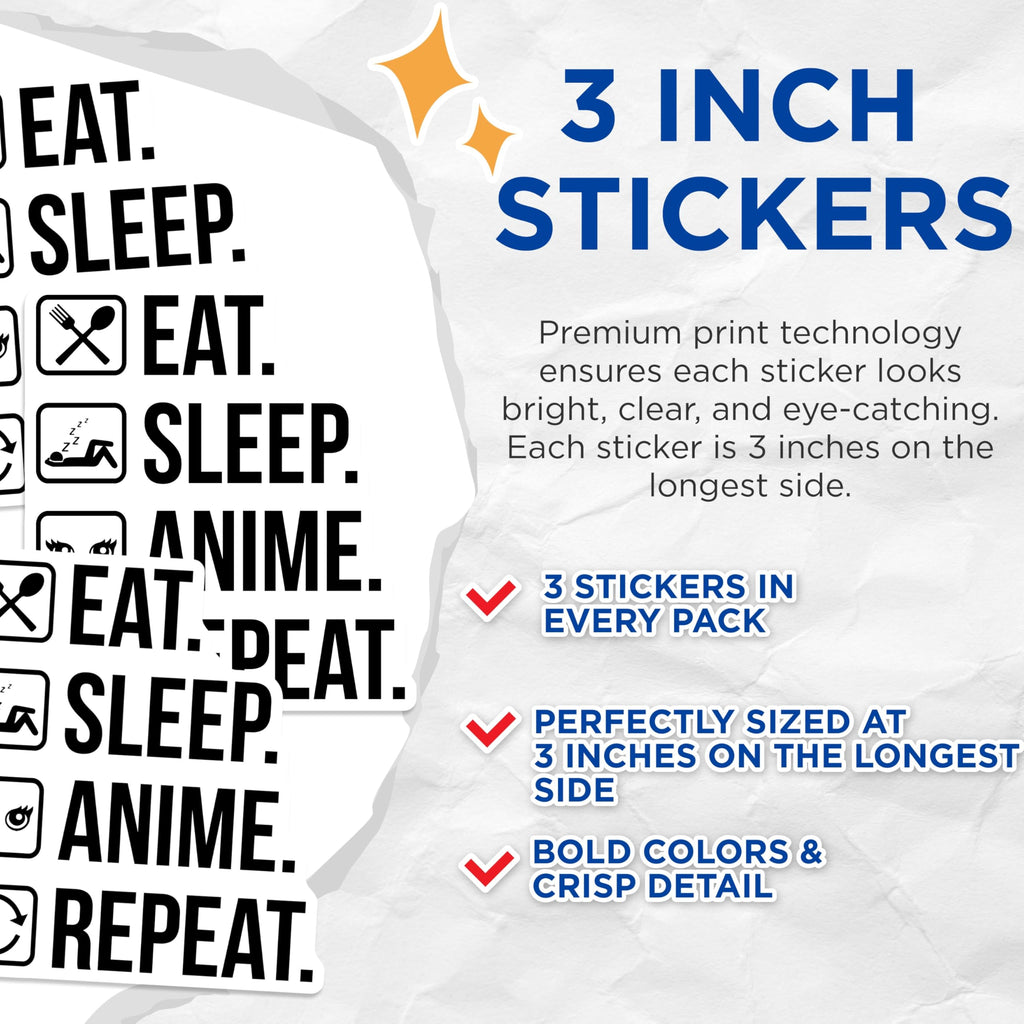 (3 Pack) Eat Sleep Anime Repeat Decals - Laptop Decal - Anime Lover Decal - 3 Inches On Longest Side - Easy Peel & Apply - Made in USA - 3MCS4492