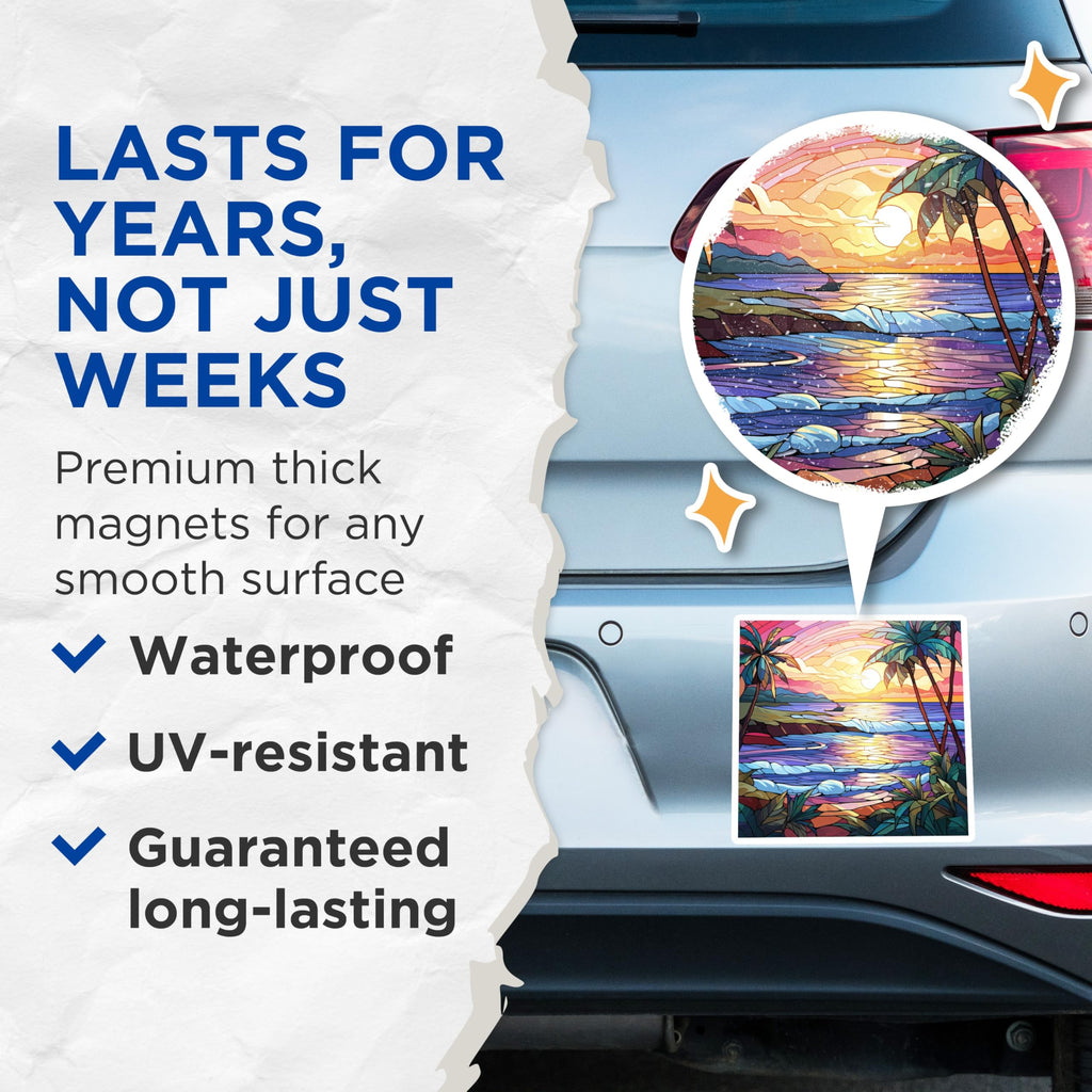 (2 Pack) Stained Glass Sunset Magnets - Tropical Beach Scene - Palm Tree Ocean Art - 5 Inches On Longest Side - Thick Durable Magnet - Made in USA - MAG23924