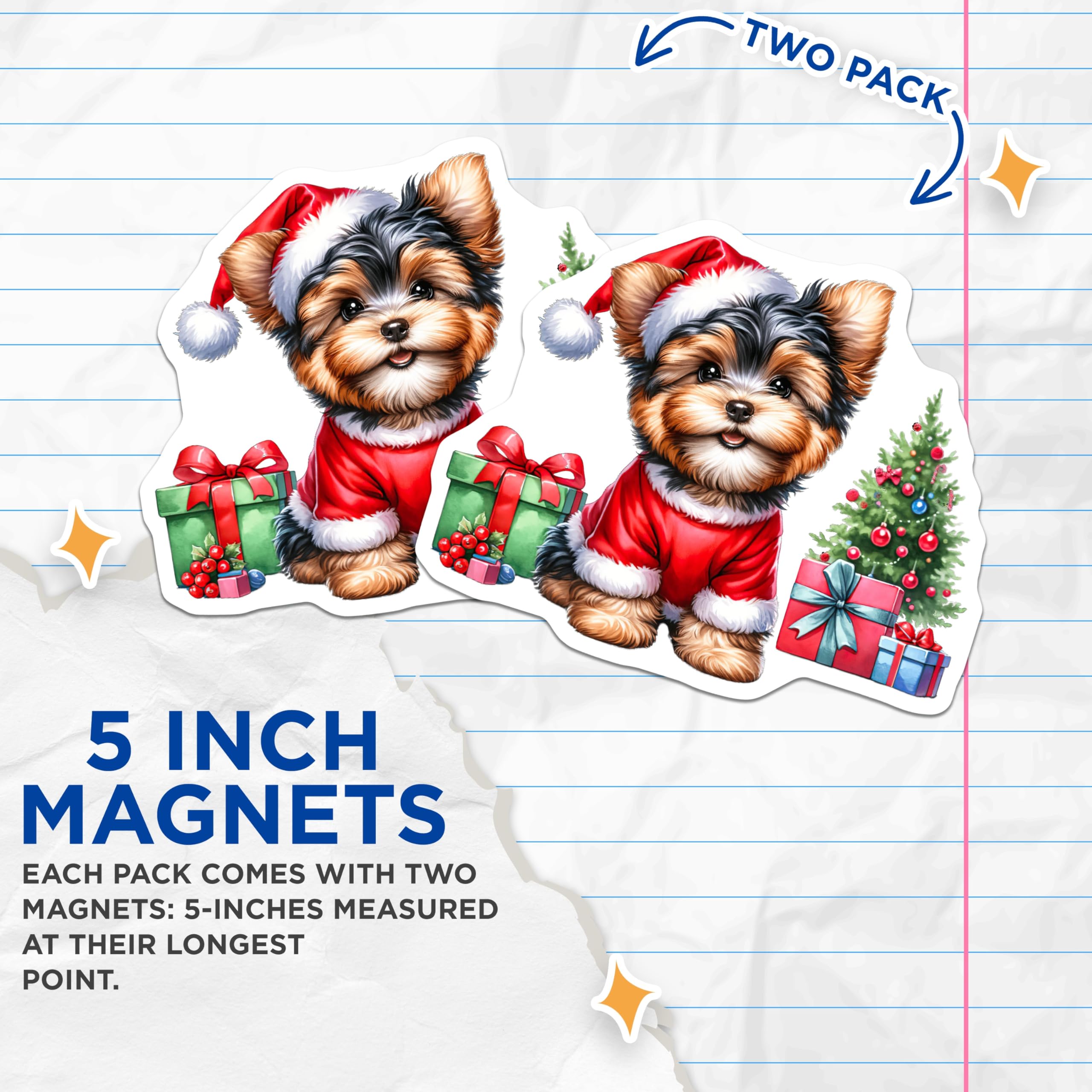 (2 Pack) Yorkshire Terrier Puppy Magnets - Adorable Christmas Santa Dog - Festive Holiday Pet Refrigerator Magnets - 5 Inches On Longest Side - Thick Durable Magnet - Made in USA - MAG24447