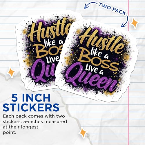 (2 Pack) Hustle Like a Boss Stickers - Motivational Queen Quote Stickers - Office Wall Art Stickers - 5" On Longest Side - Sticks to Smooth Flat Surfaces - Made in USA - BMCS4660