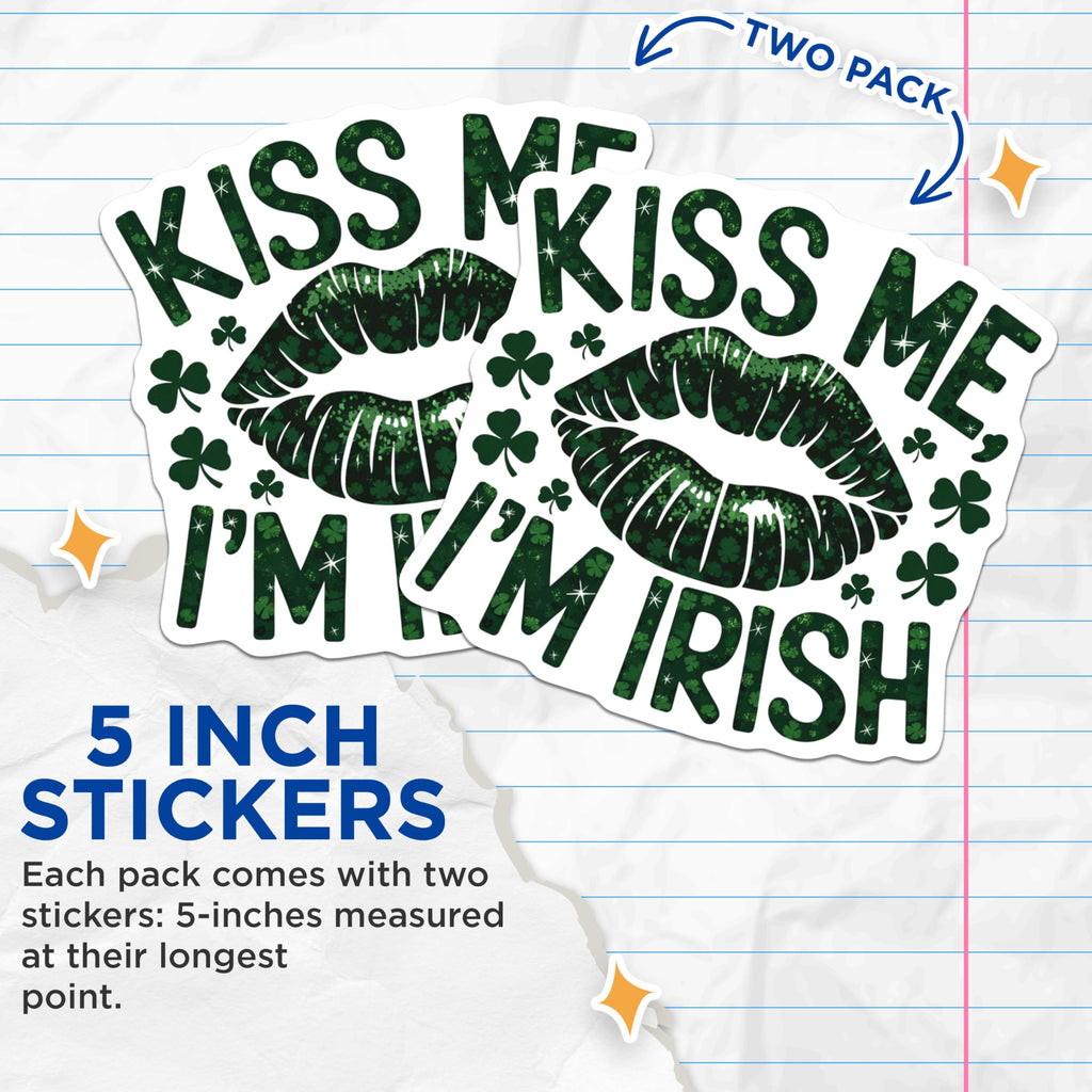 (2 Pack) Kiss Me I'm Irish Stickers - St Patrick's Day Party Decor - Funny Irish Celebration Decals - 5" On Longest Side - Sticks to Smooth Flat Surfaces - Made in USA - BMCS6855