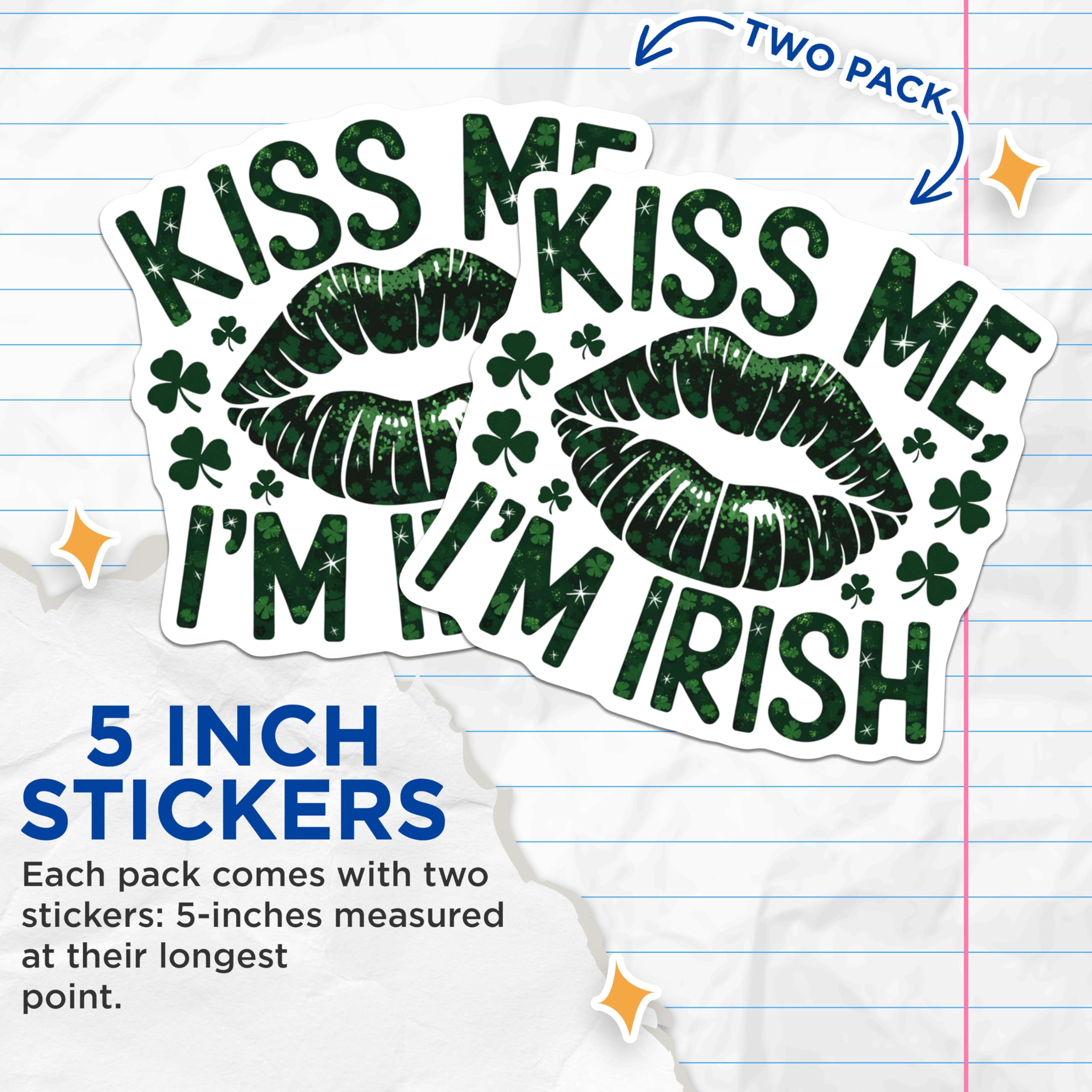 (2 Pack) Kiss Me I'm Irish Stickers - St Patrick's Day Party Decor - Funny Irish Celebration Decals - 5" On Longest Side - Sticks to Smooth Flat Surfaces - Made in USA - BMCS6855