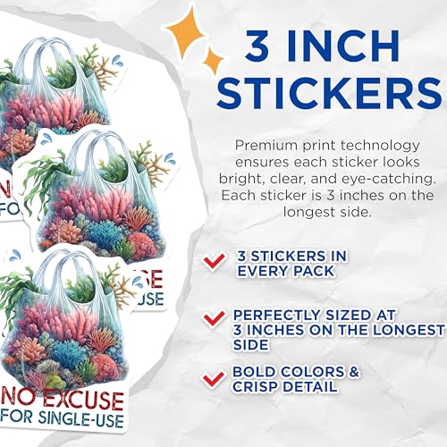 (3 Pack) No Excuse Single Use Decals - Ocean Coral Art Stickers - Eco Friendly Laptop Decals - 3 Inches On Longest Side - Easy Peel & Apply - Made in USA - 3MCS6714