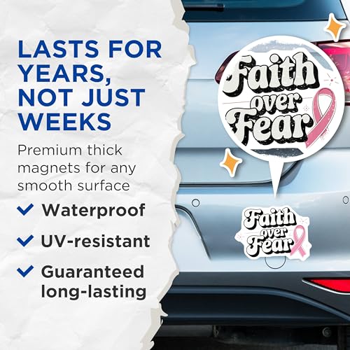 (2 Pack) Faith Over Fear Magnets - Inspirational Quote - Breast Cancer Awareness - 5" On Longest Side - for Cars, Fridges, Toolboxes - Made in USA - MAG6681