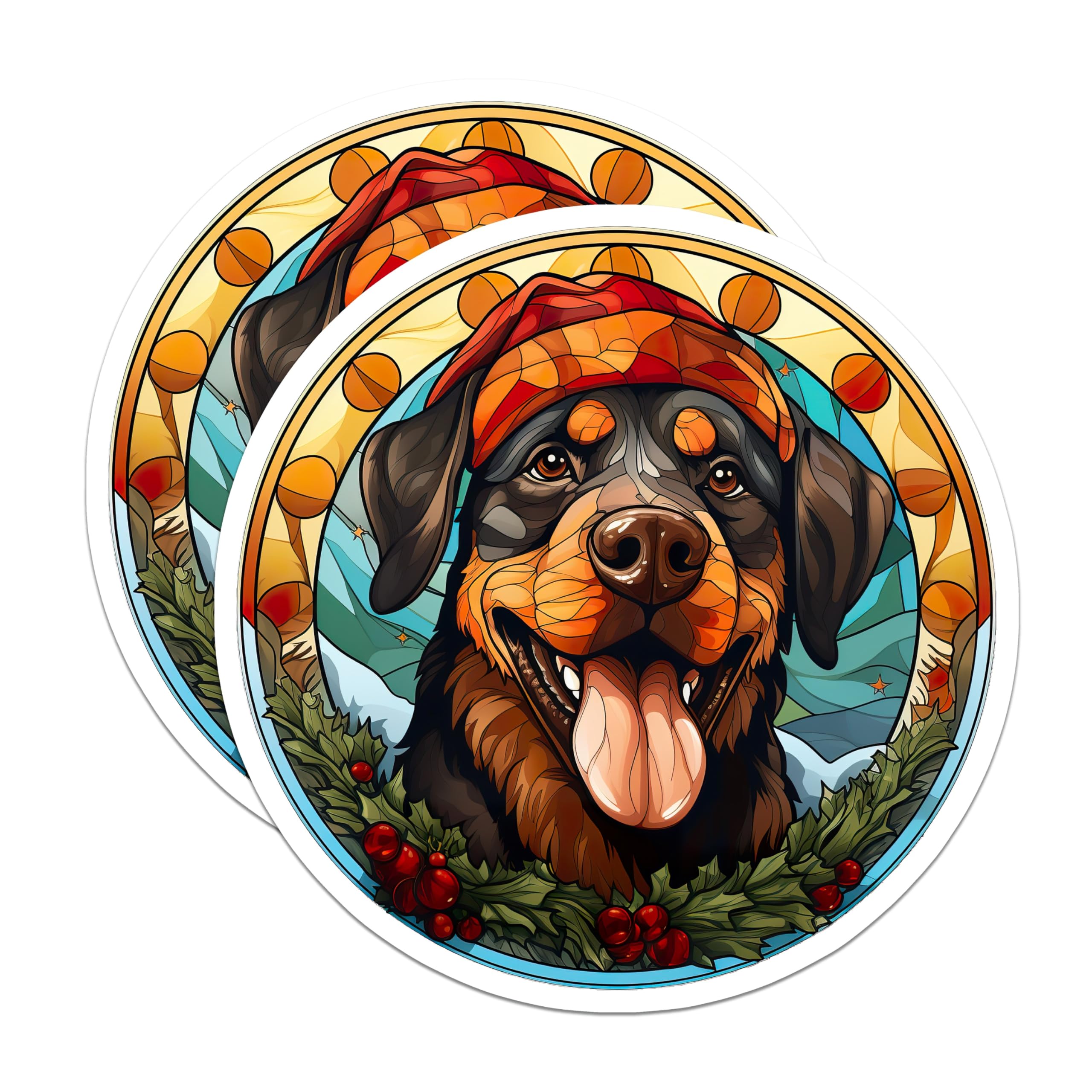 (2 Pack) Stained Glass Rottweiler Magnets - Christmas Pet Art - Winter Holiday Decor - 5 Inches On Longest Side - Thick Durable Magnet - Made in USA - MAG24773