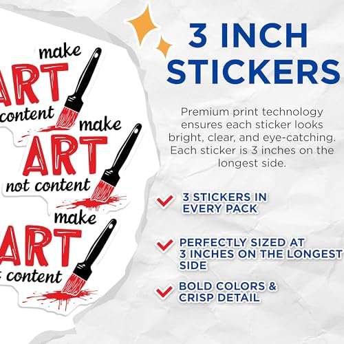 (3 Pack) Make Art Not Content Decals - Laptop Decal - Artist Decals- 3 Inches On Longest Side - Easy Peel & Apply - Made in USA - 3MCS5519