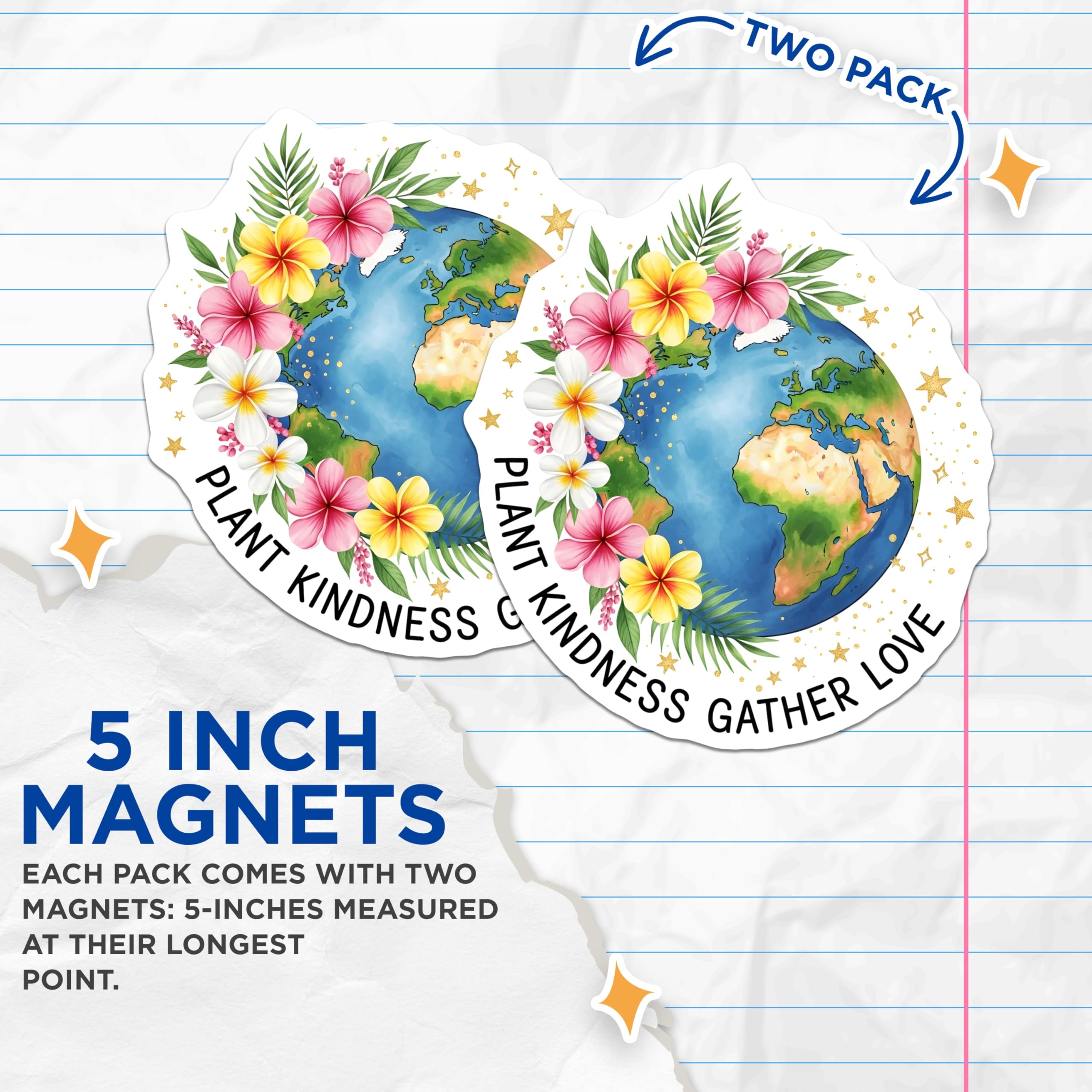 (2 Pack) Earth Day Magnets - Floral Globe - Plant Kindness Fridge Decor - 5" On Longest Side - Premium Magnet - for Cars, Refrigerators, Toolboxes, Lockers - Made in USA - MAG18646