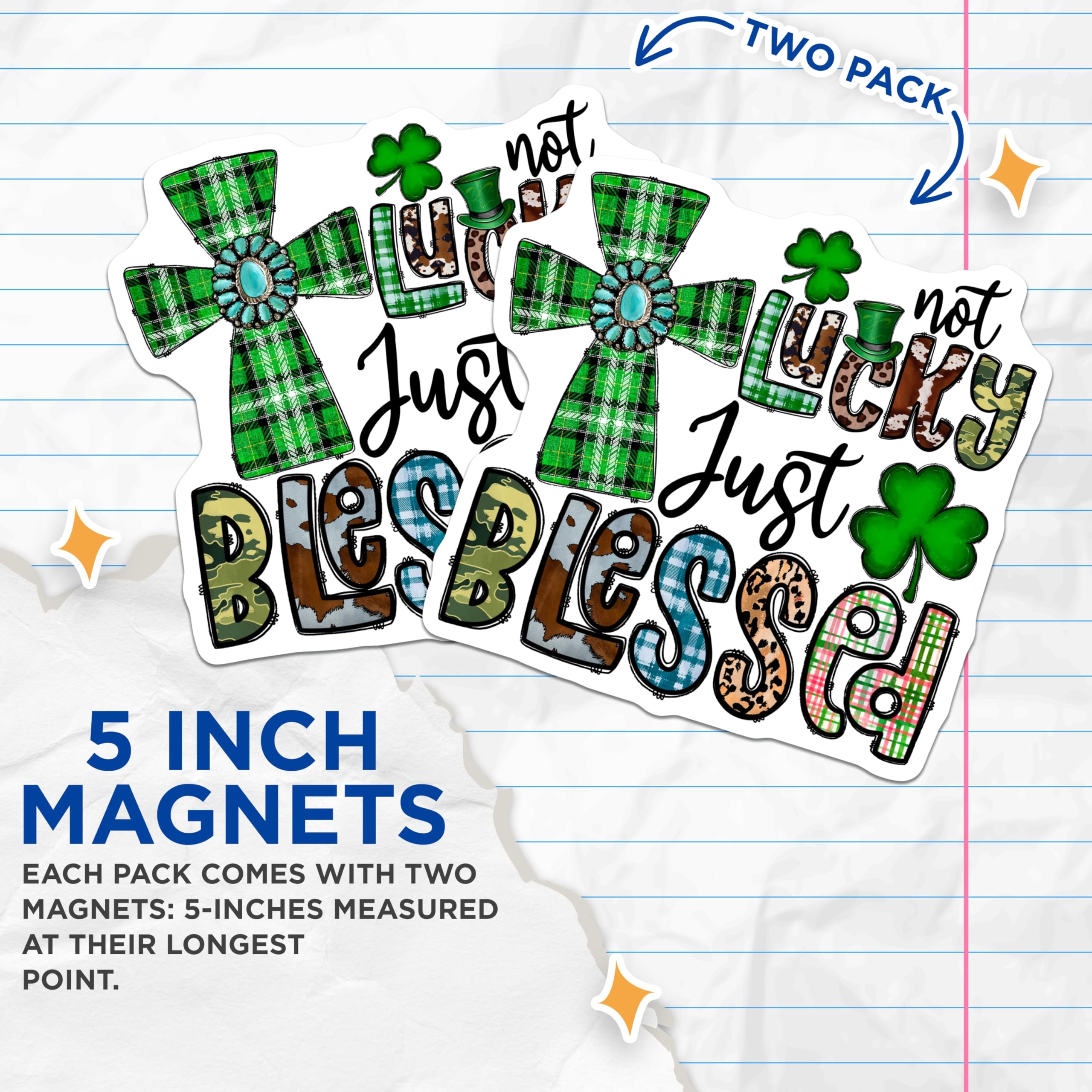 (2 Pack) St Patricks Day Blessed Magnets - Irish Clover Shamrock Decor - Western Plaid Cowhide Country Farmhouse - 5 Inches On Longest Side - Thick Durable Magnet - Made in USA - MAG28163