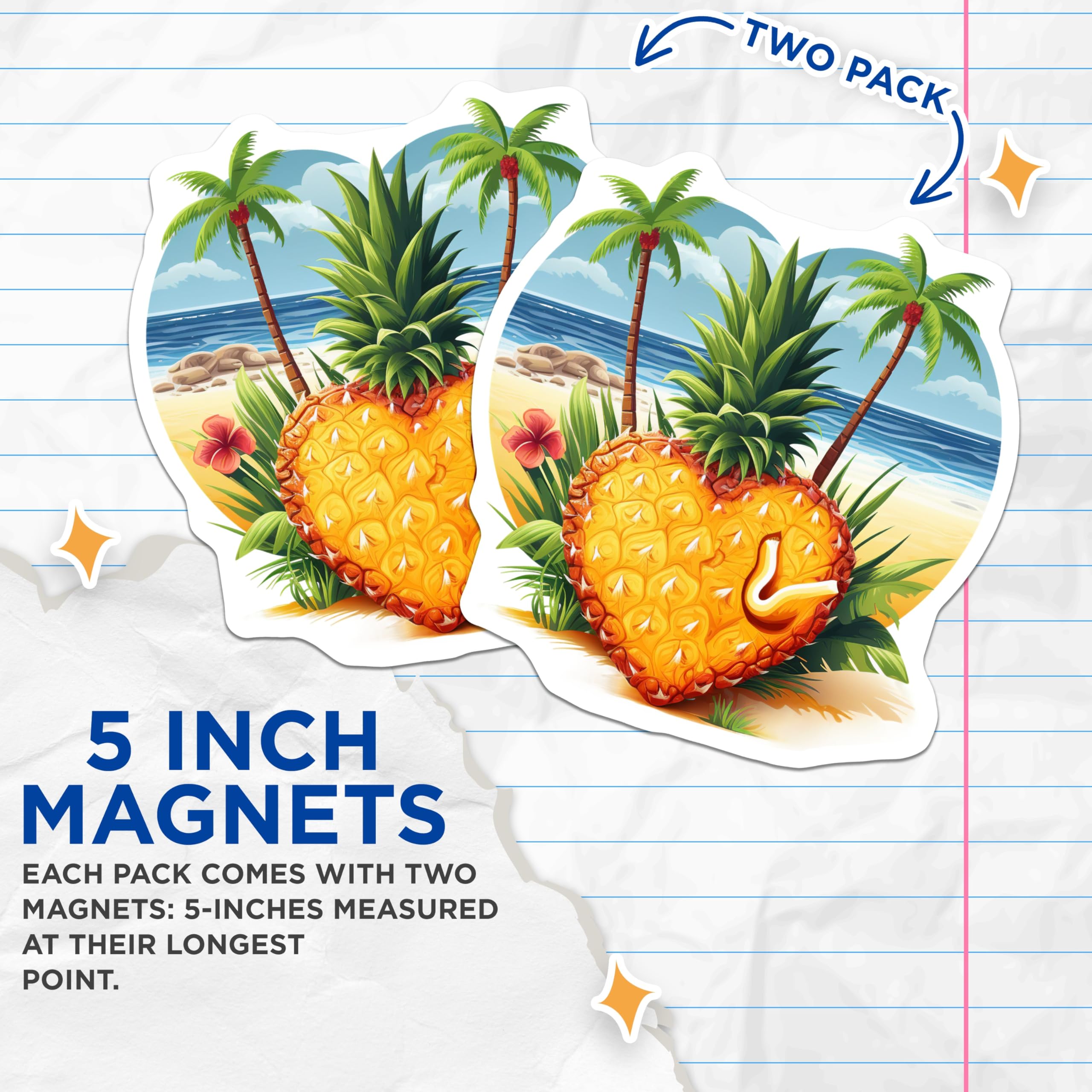 (2 Pack) Heart Pineapple Magnets - Tropical Beach Scene - Summer Fridge Decor - 5 Inches On Longest Side - Thick Durable Magnet - Made in USA - MAG19634