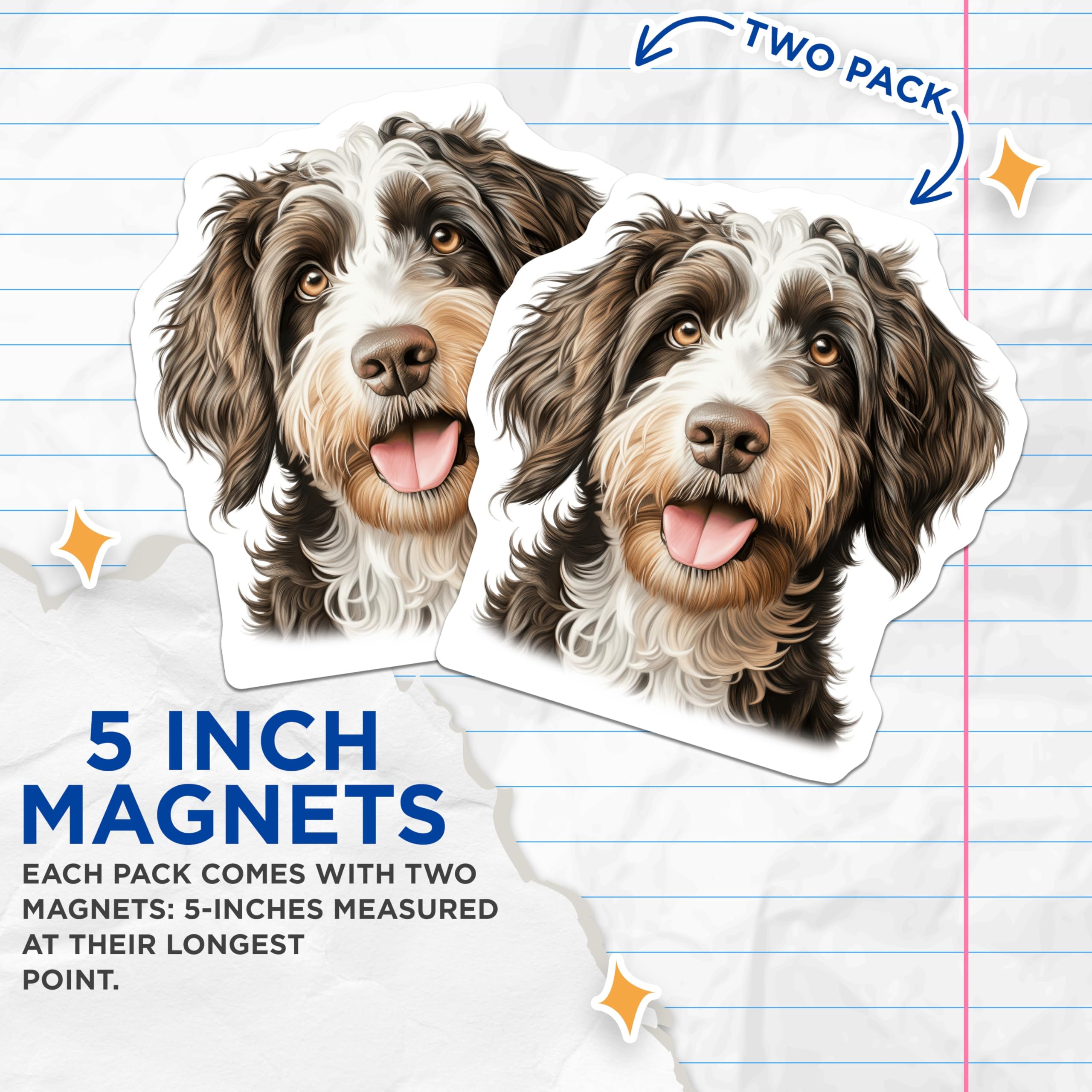 (2 Pack) Bernedoodle Dog Magnets - Adorable Doodle Puppy Portrait Art - Animal Lover Pet Owner Refrigerator Decor - 5 Inches On Longest Side - Thick Durable Magnet - Made in USA - MAG24565