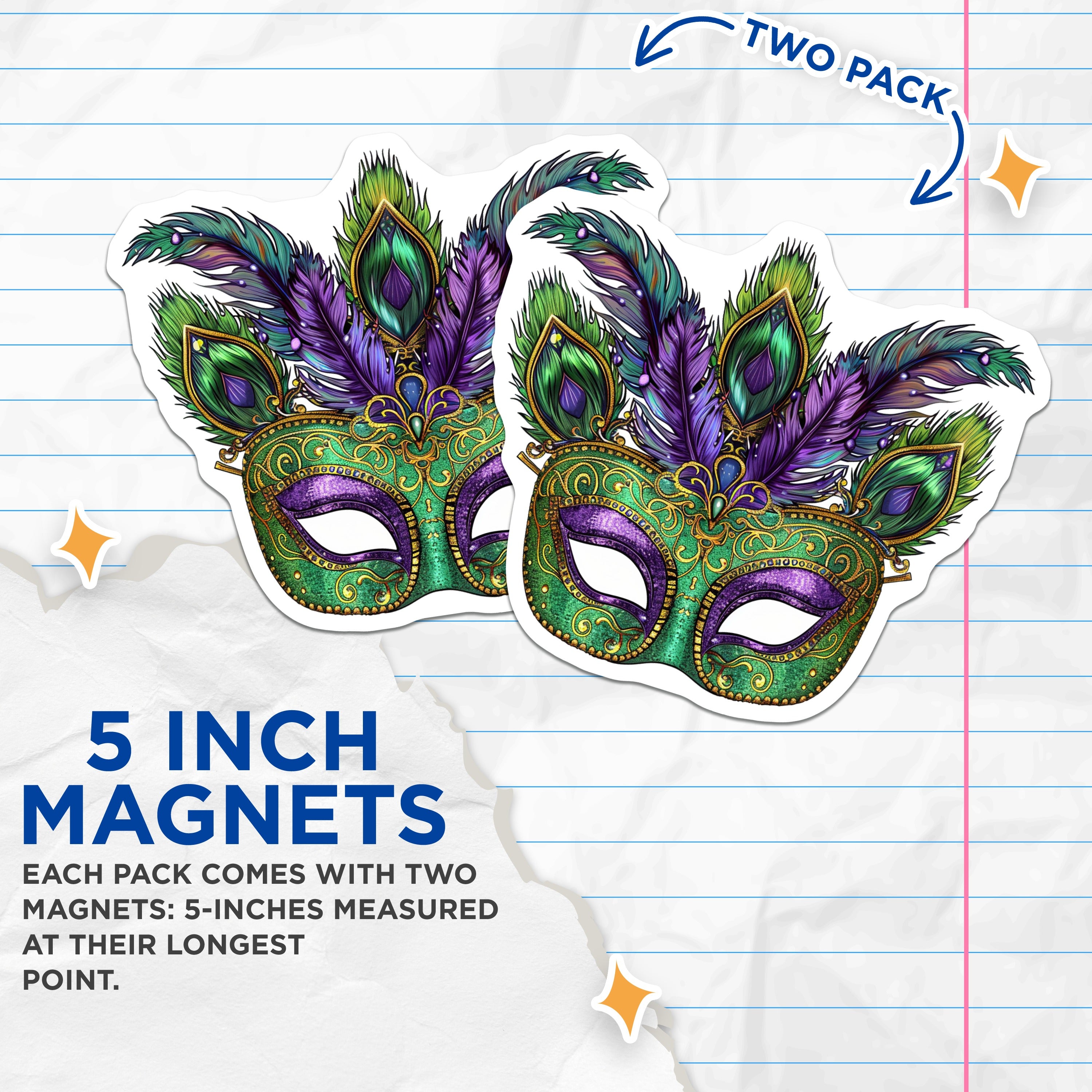 (2 Pack) Mardi Gras Mask Magnets - Elaborate Feathered Carnival Decor - Ornate Venetian Masquerade Party Accents - 5 Inches On Longest Side - Thick Durable Magnet - Made in USA - MAG38770
