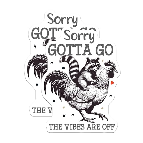 (2 Pack) Funny Raccoon Riding Chicken Stickers - Sorry Gotta GO - Humor Animal - 5" On Longest Side - Sticks to Smooth Flat Surfaces - Made in USA - BMCS6218