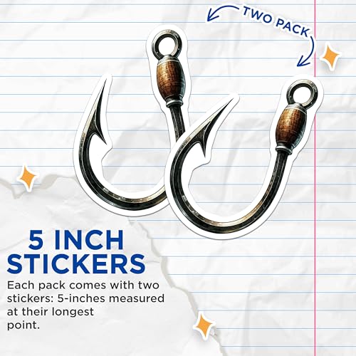 (2 Pack) Fishing Hook Stickers - Angler Decal - Fishing Enthusiast Decals - 5" On Longest Side - Sticks to Smooth Flat Surfaces - Made in USA - BMCS6627
