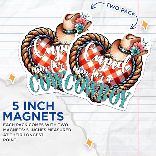 (2 Pack) Cupid Aim for A Cowboy Magnets - Cute Cowboy Theme Magnets - Heart Cowboy Design Magnets - 5" On Longest Side - for Cars, Refrigerators, Toolboxes, Lockers - Made in USA BMCS3150