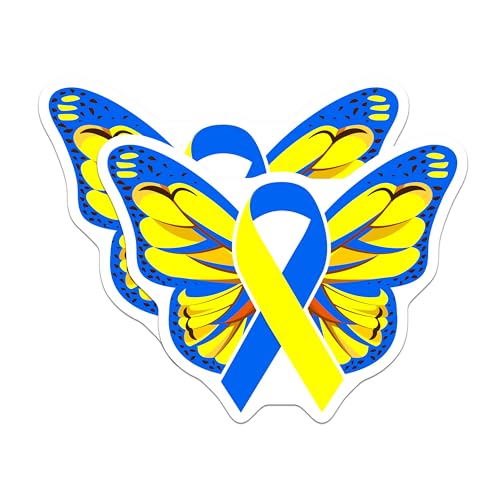 (2 Pack) Blue and Yellow Ribbon Butterfly Stickers - Awareness Ribbon Stickers - Butterfly Decal Stickers - 5" On Longest Side - Sticks to Smooth Flat Surfaces - Made in USA - BMCS4843