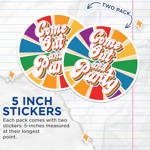 (2 Pack) Come Out and Party Stickers - LGBTQ+ Pride Stickers - Rainbow Celebration Stickers - 5" On Longest Side - Sticks to Smooth Flat Surfaces - Made in USA - BMCS4713