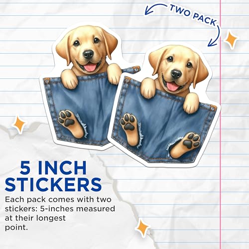 (2 Pack) Cute Puppy Stickers - Adorable Labrador Decal - Dog Lover Accessories for Kids and Adults - 5" On Longest Side - Sticks to Smooth Flat Surfaces - Made in USA - BMCS4119