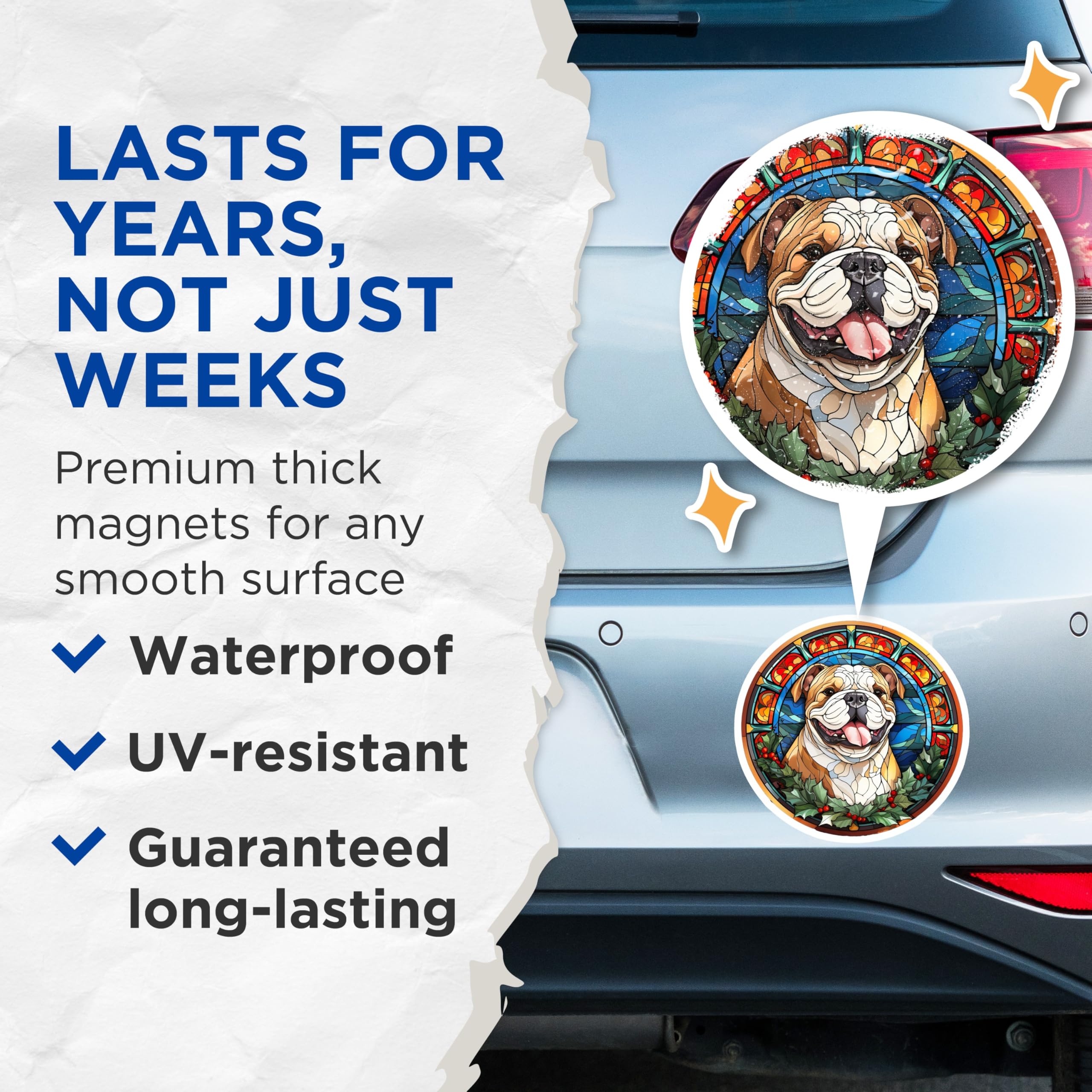 (2 Pack) Stained Glass Bulldog Magnets - Christmas Holiday Pet Decor - Festive Dog Refrigerator Art - 5 Inches On Longest Side - Thick Durable Magnet - Made in USA - MAG23602