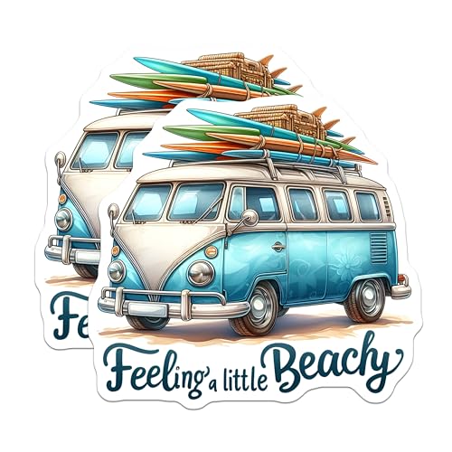 (2 Pack) Vintage Surf Van Stickers - Feeling A Little Beachy - 5" On Longest Side - Sticks to Smooth Flat Surfaces - Made in USA - BMCS9282 - BMCS9282