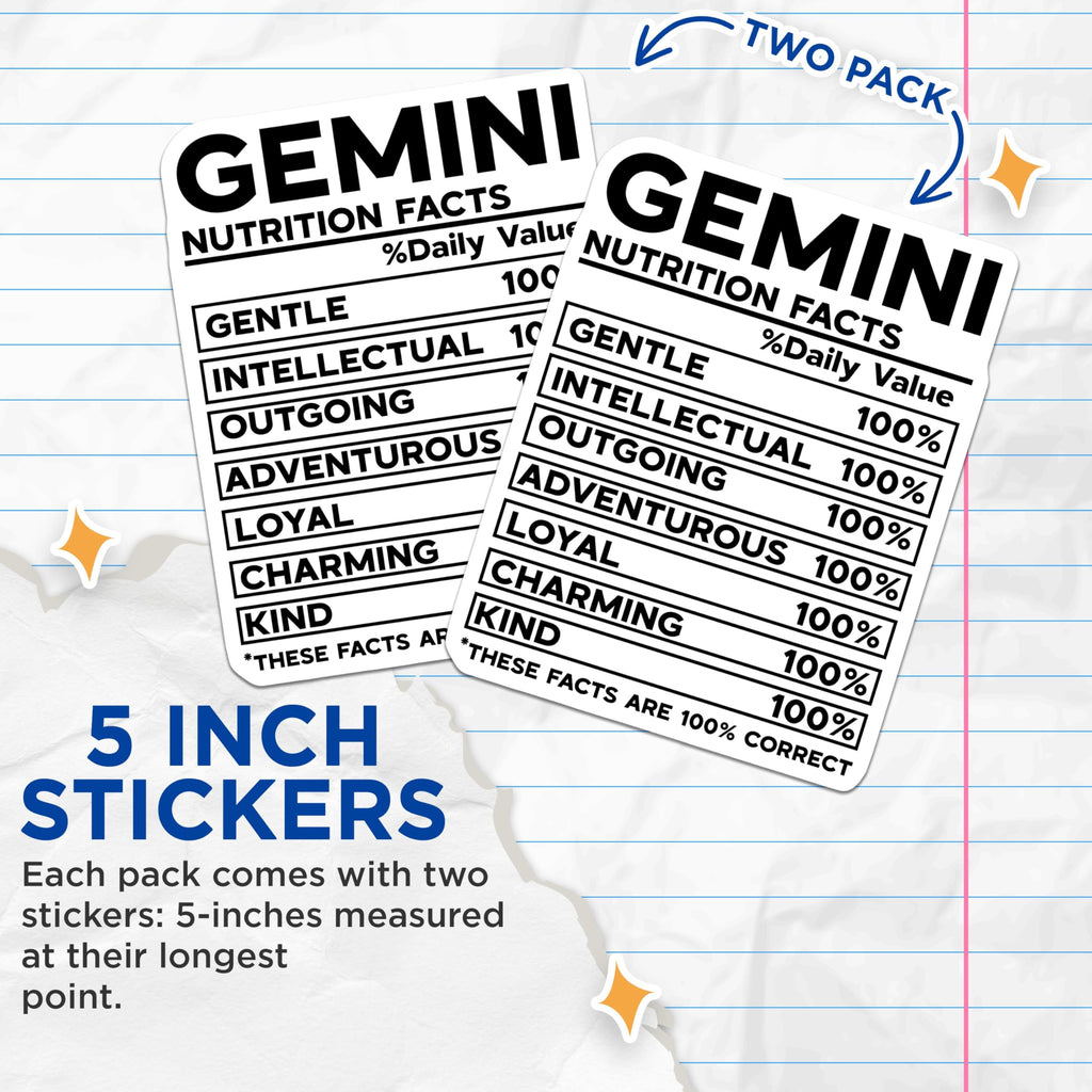 (2 Pack) Gemini Zodiac Sign Stickers - Funny Nutrition Facts Sticker - Astrological Traits Sticker - 5" On Longest Side - Sticks to Smooth Flat Surfaces - Made in USA - BMCS5048