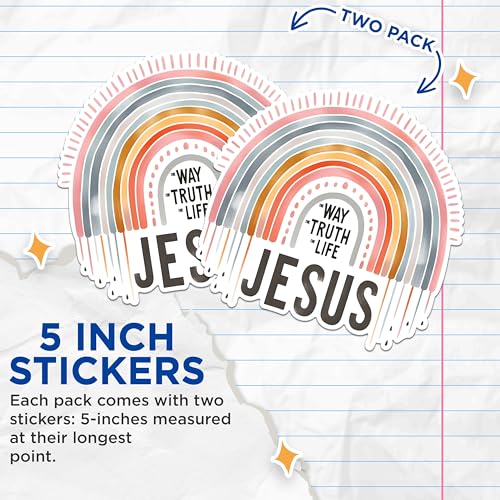 (2 Pack) Inspirational Faith Stickers - Motivational Christian Stickers - Rainbow Jesus Quote Stickers - 5" On Longest Side - Sticks to Any Smooth Flat Surface - Made in USA - BMCS2833