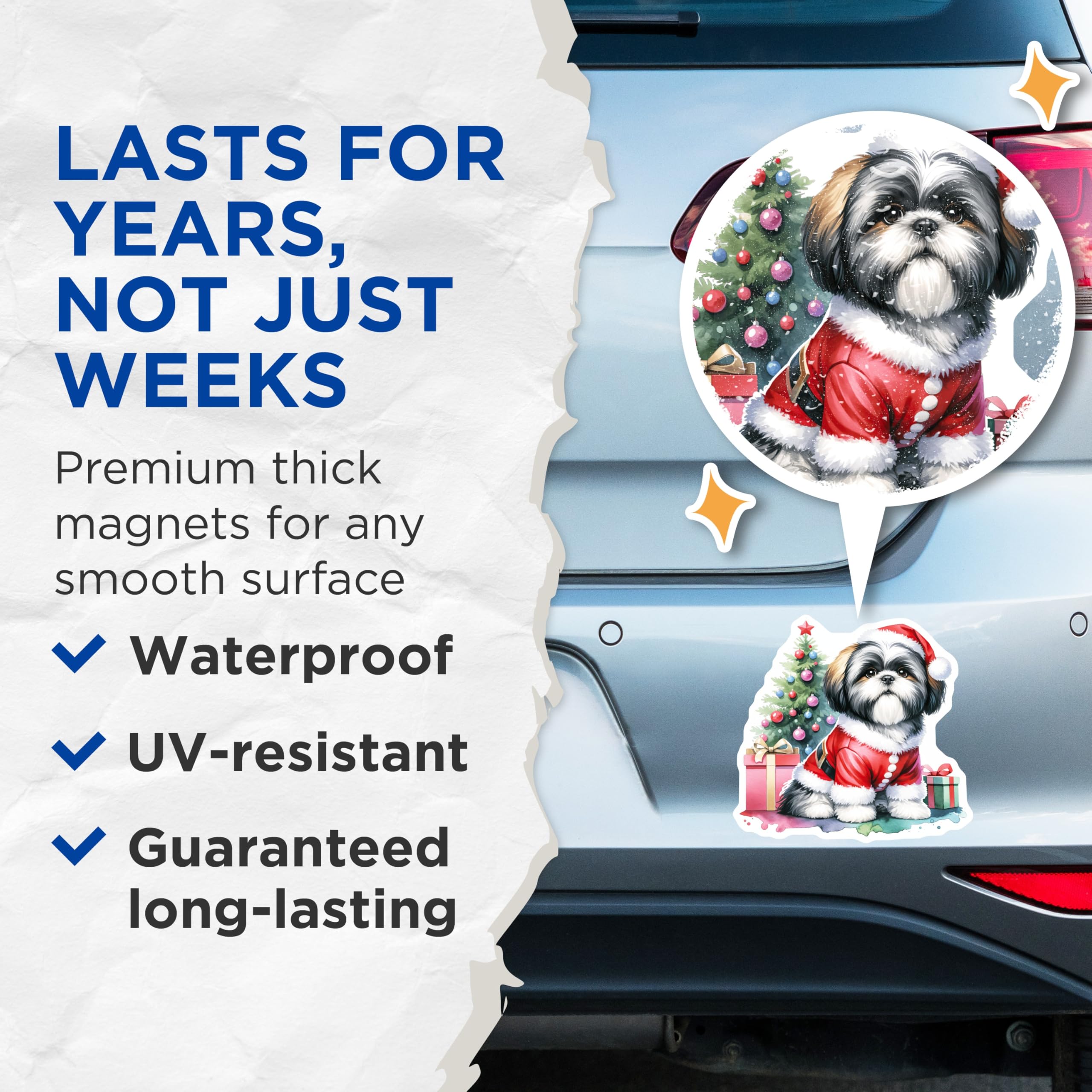 (2 Pack) Christmas Shih Tzu Magnets - Santa Puppy Decor - Holiday Dog Lover Refrigerator Accent - 5 Inches On Longest Side - Thick Durable Magnet - Made in USA - MAG30336