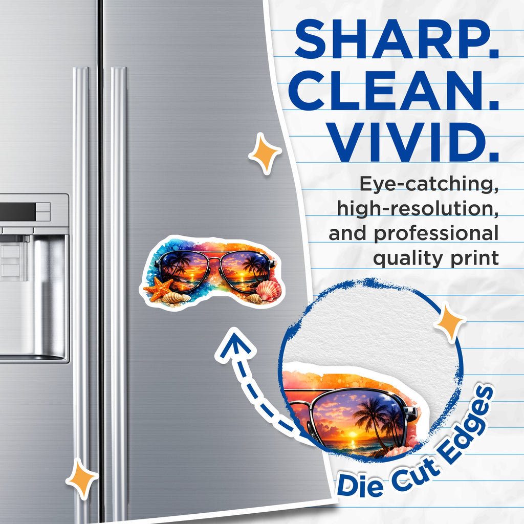 (2 Pack) Tropical Sunset Beach Magnets - Aviator Sunglasses Reflection - Ocean Palm Tree Refrigerator Decor - 5 Inches On Longest Side - Thick Durable Magnet - Made in USA - MAG37250