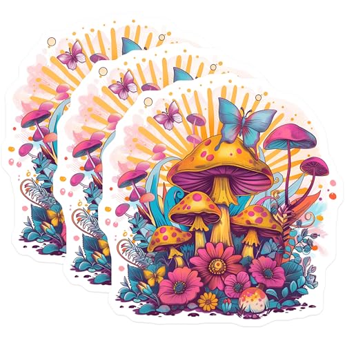 (3 Pack) Mushroom Garden Decals - Butterfly Stickers - Laptop Decal - 3 Inches On Longest Side - Easy Peel & Apply - Made in USA - 3MCS7636
