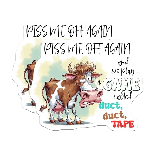 (2 Pack) Funny Cow Stickers - Duct Duct Tape Game - Humorous Animal Quote Stickers - 5" On Longest Side - Sticks to Smooth Flat Surfaces - Made in USA - BMCS9712