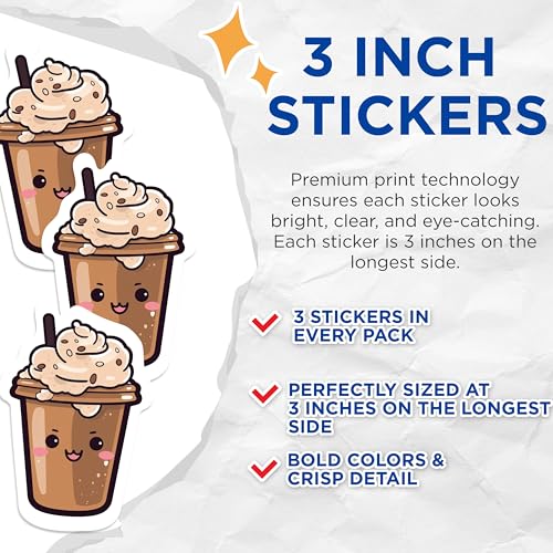 (3 Pack) Cute Coffee Decals - Cartoon Drink - Beverage Art - 3 Inches On Longest Side - Easy Peel & Apply - Made in USA - 3MCS1047