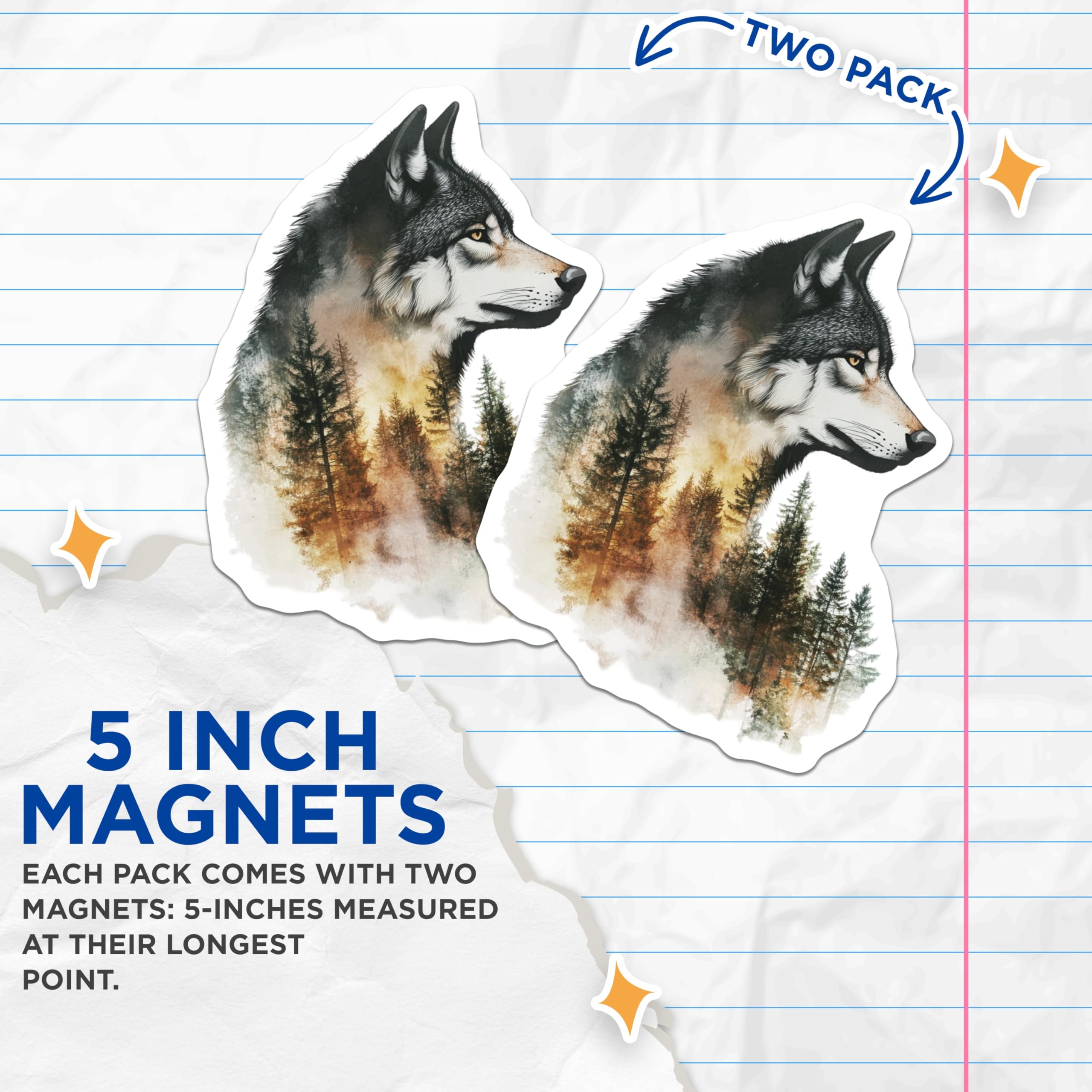 (2 Pack) Wolf Head Magnets - Forest Scene - Rustic Lodge Decor - 5" On Longest Side - Premium Magnet - for Cars, Refrigerators, Toolboxes, Lockers - Made in USA - MAG14624