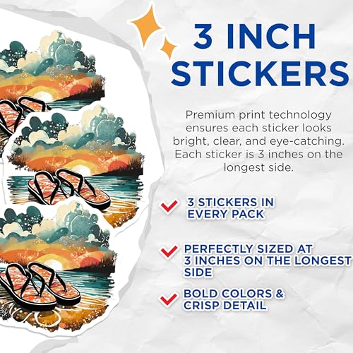 (3 Pack) Beach Flip Flop Decals - Summer Vibes Stickers - Vacation Decals - 3 Inches On Longest Side - Easy Peel & Apply - Made in USA - 3MCS8078