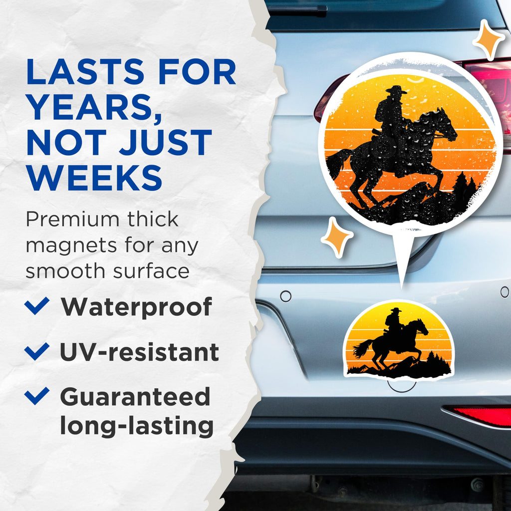 (2 Pack) Cowboy Horse Riding Magnets - Western Sunset Silhouette - Rustic Ranch Decor - Equestrian Style Art - 5 Inches On Longest Side - Thick Durable Magnet - Made in USA - MAG21421